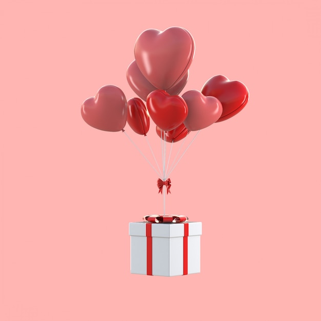 Render 3D de caja de regalo flotando con globos en forma de corazón, concepto de San Valentín