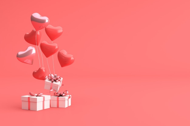 Render 3D de caja de regalo con globos en forma de corazón.