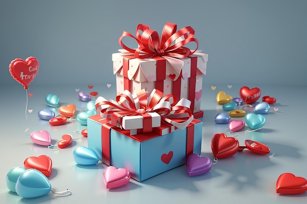 Render 3D de caja de regalo con globos en forma de corazón