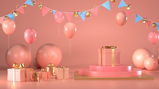 Render 3D de caja de regalo de Navidad decorar en podio rosa pastel