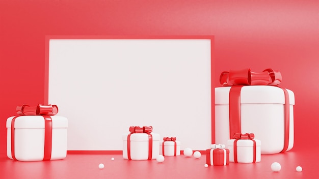 Render 3D de caja de regalo roja y blanca con marco para Navidad