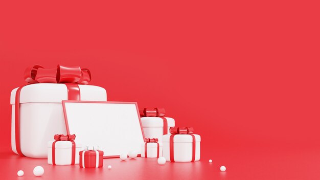 Render 3D de caja de regalo roja y blanca con marco para Navidad