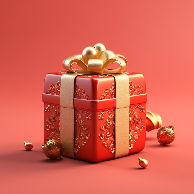Render 3d de caja de regalo roja con lazo dorado y bolas de navidad