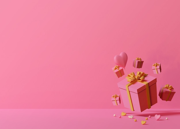 Render 3D de cajas de regalo rosa y globo en forma de corazón sobre fondo rosa