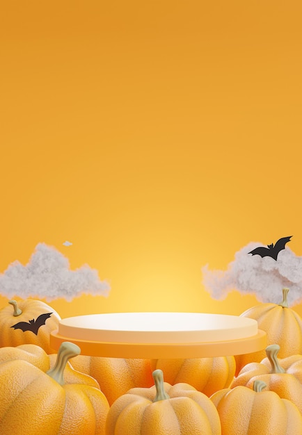 Render 3D de calabaza de grupo flotante con concepto de halloween, nubes, murciélago sobre fondo naranja