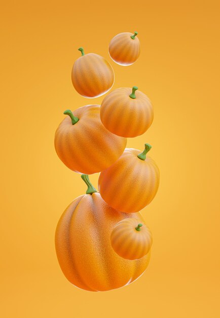 Render 3D de calabaza de grupo flotante con concepto de halloween sobre fondo naranja