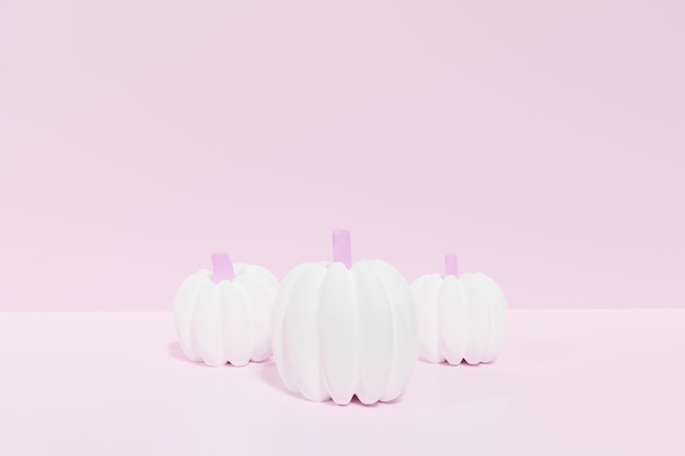 Render 3D de calabazas blancas sobre un fondo rosa pastel para Halloween