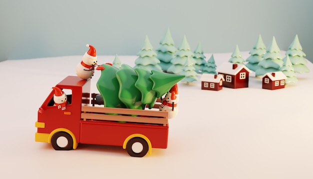 Render 3D de camión de Navidad con muñeco de nieve y bosque de pinos