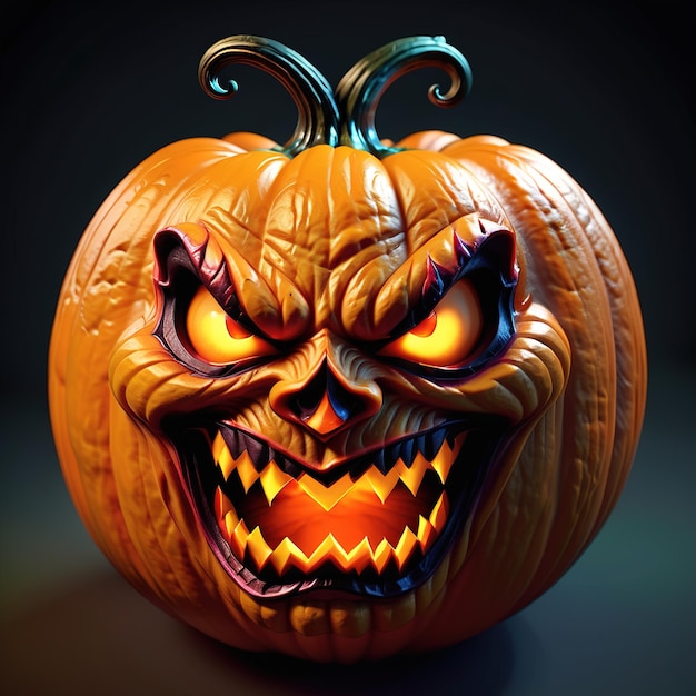 Render 3D de cara de calabaza sobre fondo oscuro de Halloween