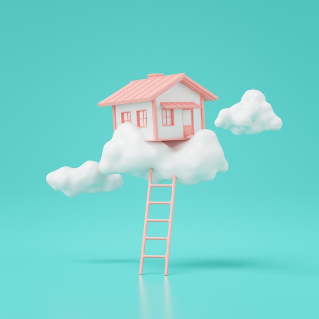 Foto render 3d de casa de ensueño en las nubes con escalera aislada en verde