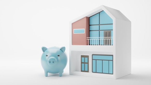 Render 3d Casa modelo de finanzas con dinero de hucha sobre fondo blanco Inversión empresarial y concepto de bienes raíces