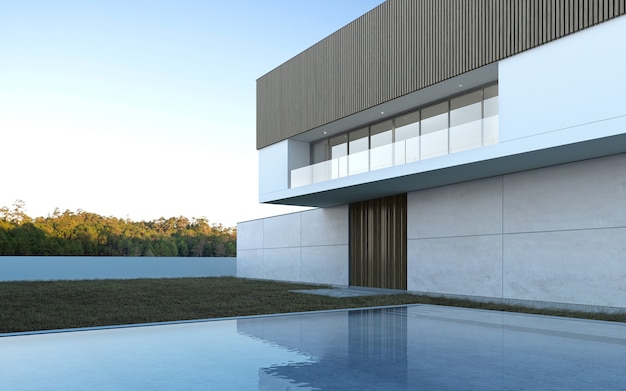 Render 3D de casa moderna con piscina en el fondo del árbol.