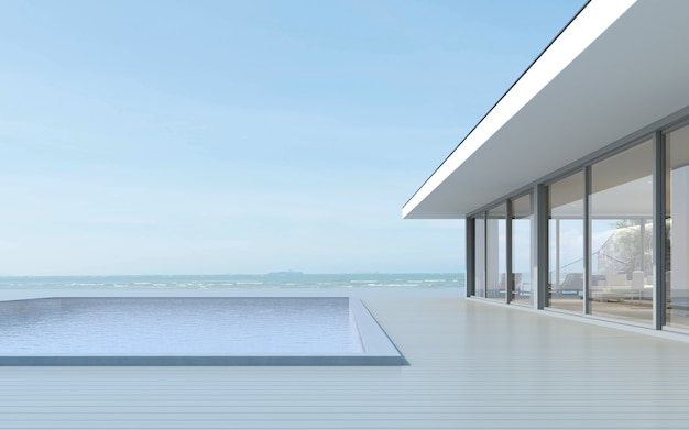 Render 3D de casa moderna con piscina en el fondo del mar.