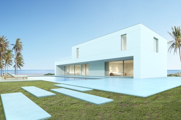 Render 3D de casa moderna con piscina en el fondo del mar.
