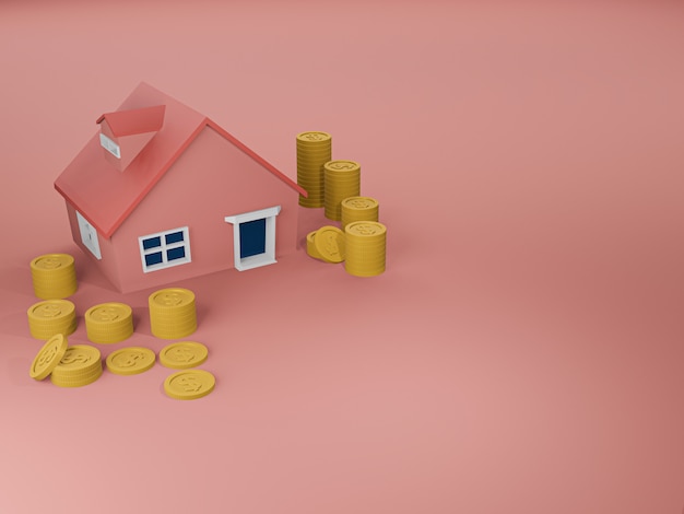 Render 3D de casa y moneda de oro sobre piso rosa