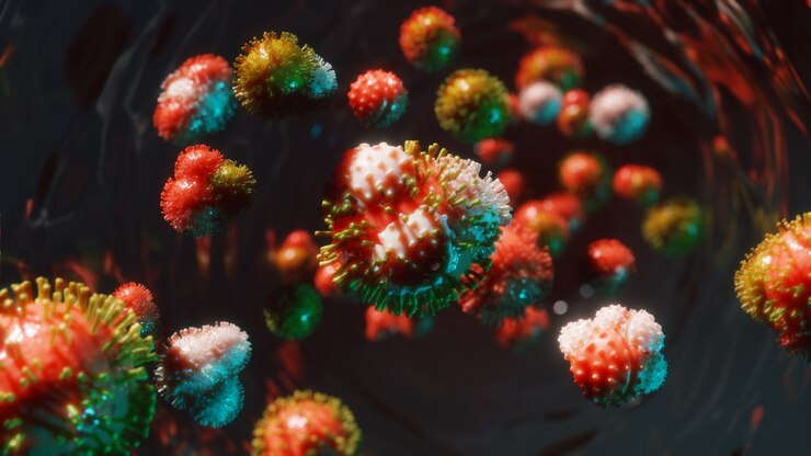 Foto render 3d de células de virus o bacterias en el torrente sanguíneo. 2019-ncov o coronavirus gripe asiática