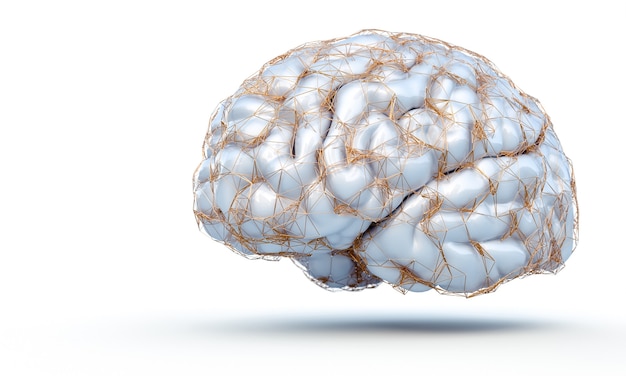 Render 3D del cerebro humano con una estructura dorada que muestra conexiones neuronales sobre fondo blanco.