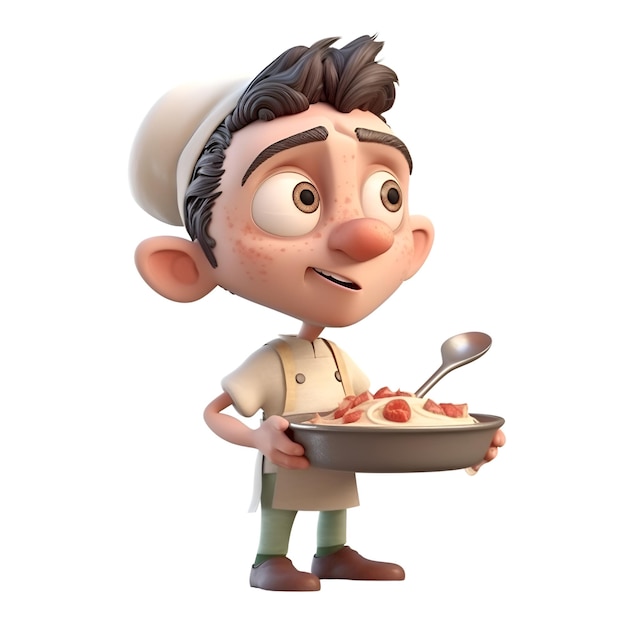 Render 3D de un chef de dibujos animados con una cacerola de masa y salchichas