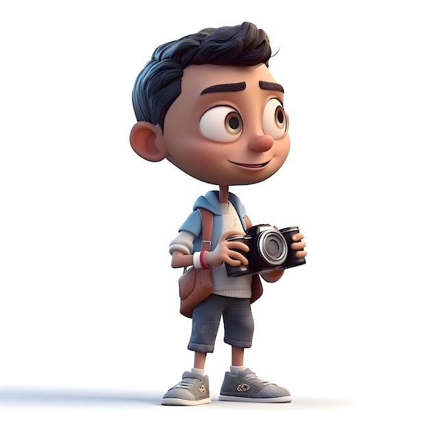 Render 3D de un chico lindo con mochila y una cámara fotográfica