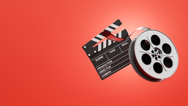 Render 3D de cine vintage sobre fondo rojo.