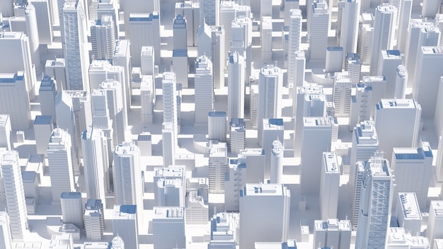 Render 3D de ciudad brillante abstracta con rascacielos. Formas simples de edificios a la luz del día.