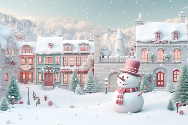 render 3d Ciudad de nieve linda y caídas de nieve Hombre de nieve tema de Navidad IA generativa