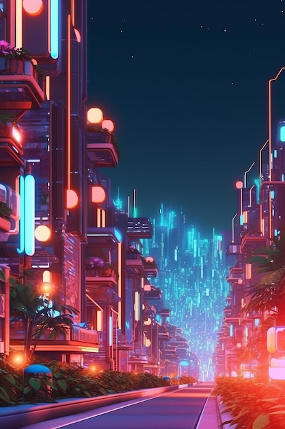 Render 3D de una ciudad de verano de neón futurista