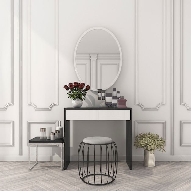 Render 3D clásico sala blanca con mesa de maquillaje