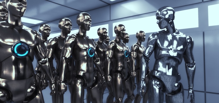 Foto render 3d. clonación de figuras humanoides