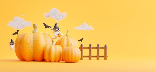 Render 3D de colección de calabaza con concepto de halloween sobre fondo naranja