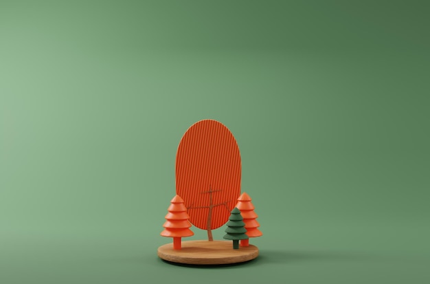 Render 3D Composición de otoño Árboles de dibujos animados de otoño en el podio Ilustración 3d