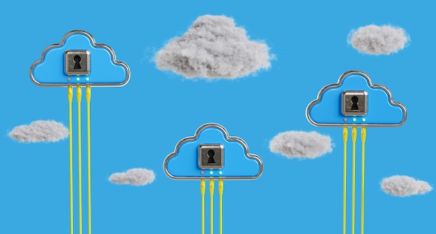 Foto render 3d del concepto de protección del centro de datos en la nube