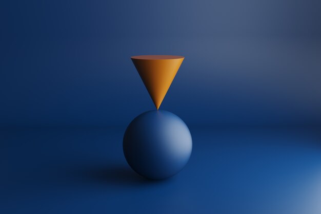 Render 3D, cono naranja en equilibrio sobre esfera azul