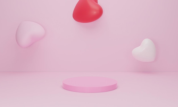 Render 3d Corazón en podio rosa sobre fondo pastel para la composición de diseño del día de San Valentín