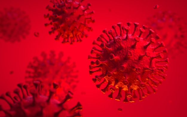 Render 3d de coronavirus influenza. Coronavirus COVID-19 sobre fondo rojo.