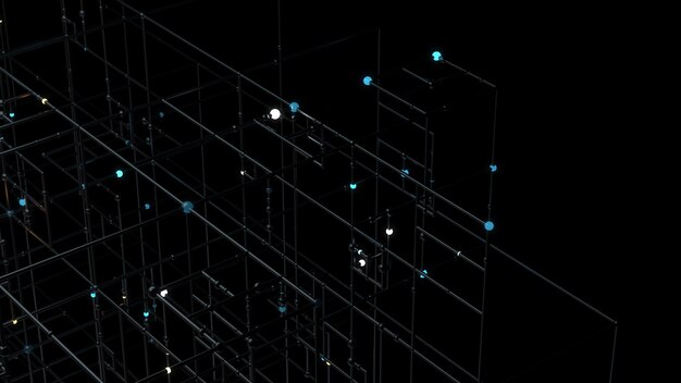 Render 3D de cuadrícula con esfera brillante en los bordes. Estructura tecnológica compleja. Concepto de computación de datos.