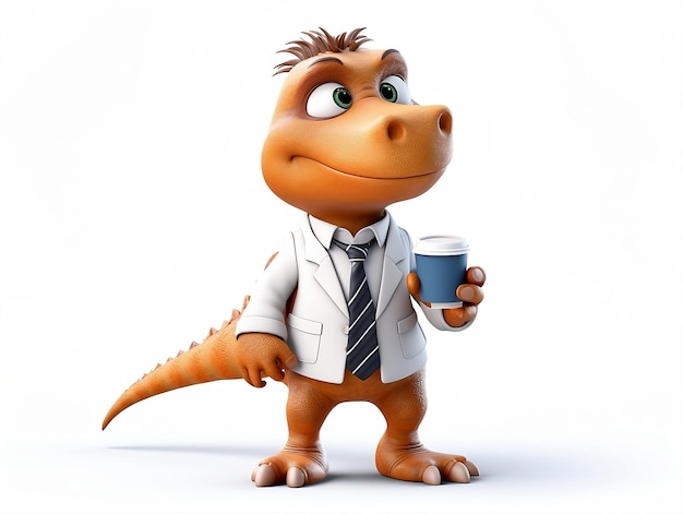 Render 3D de lindo dinosaurio naranja tomando café