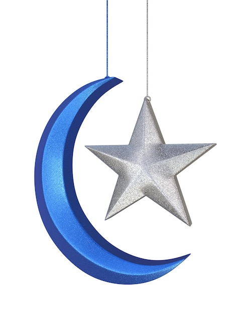 Render 3d Decoraciones navideñas en forma de luna y estrella (aisladas en blanco y camino de recorte)