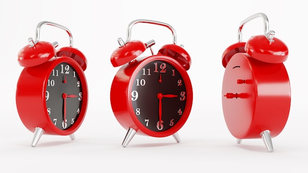 Foto render 3d de despertador rojo aislado sobre fondo blanco. reloj de estilo retro.