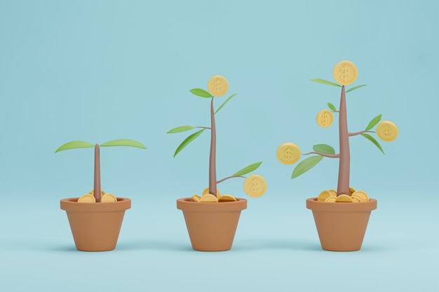 Render 3D. Diagrama de crecimiento del árbol del dinero. Concepto de crecimiento de la inversión empresarial.