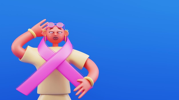 Render 3D de dibujos animados mujer calva con cinta cruzada rosa en el cuello y espacio de copia sobre fondo azul.