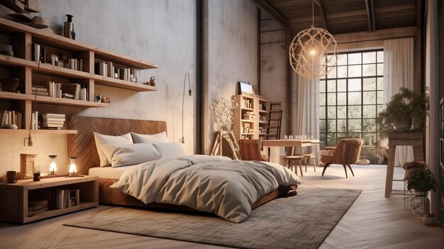 Render 3D del diseño interior tipo loft.