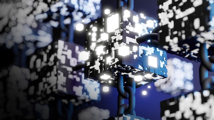 Foto render 3d de diseño de tecnología blockchain