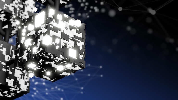 Foto render 3d de diseño de tecnología blockchain