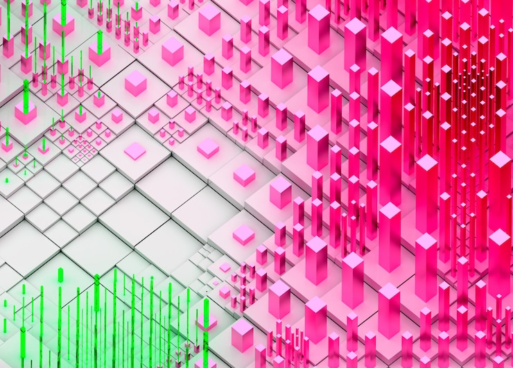 Foto render 3d de dispersión de arte abstracto topográfico fondo de paisaje 3d con colinas o montañas surrealistas basadas en cubos cajas o barras