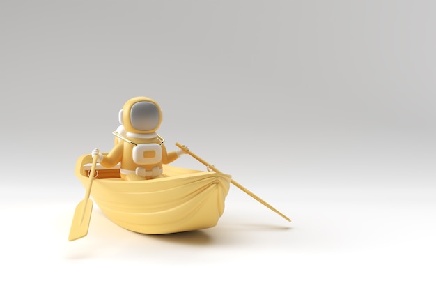 Render 3D de una diversión de astronauta en la ilustración de barco 3d.