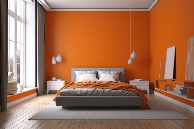 Render 3d de dormitorio naranja Acogedor interior de dormitorio inspirado en colores otoñales Dormitorio naranja moderno IA generativa