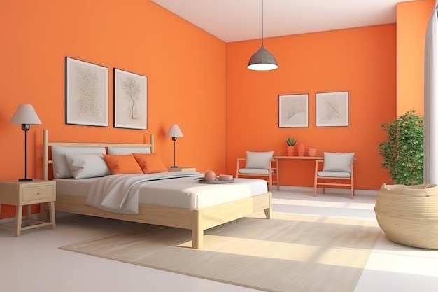 Render 3d de dormitorio naranja Acogedor interior de dormitorio inspirado en colores otoñales IA generativa