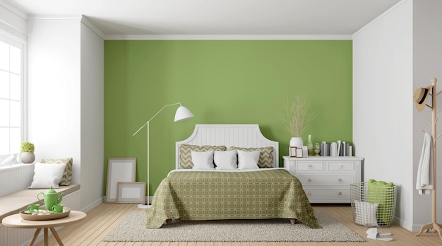 Render 3d de dormitorio vintage moderno Hay piso de madera Decorar la pared con pintura verde