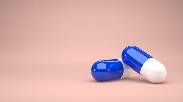 Render 3D. Dos cápsulas de medicina con espacio de copia y fondo pastel